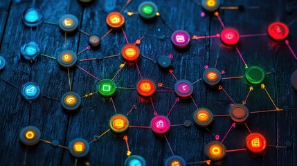 Colorful network icons on dark background