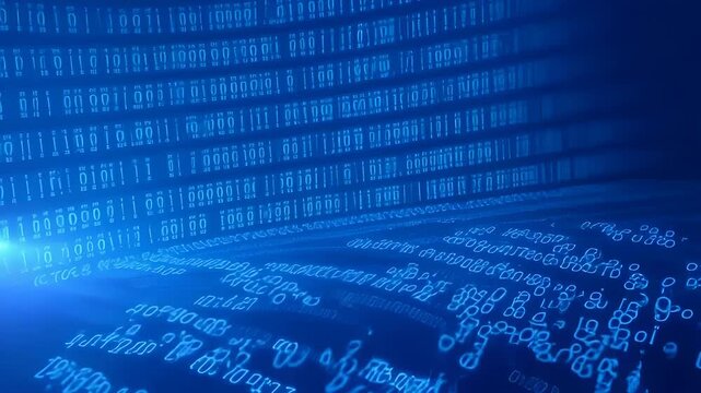 Blue-toned digital background with binary code and numerical sequences displaying complex data visualization. Layered binary digits and numerical elements create depth and technological atmosphere