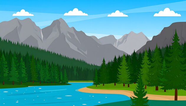 A serene landscape showcasing a winding river, lush forests, and towering mountains against a vibrant blue sky.