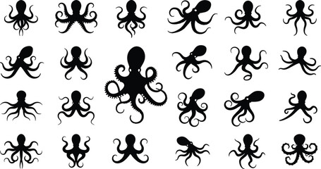 octopus silhouettes collection, marine animal shapes, black outline design, vector illustration, sea creature, underwater wildlife, decorative tentacles, ocean life art, aquatic species icons