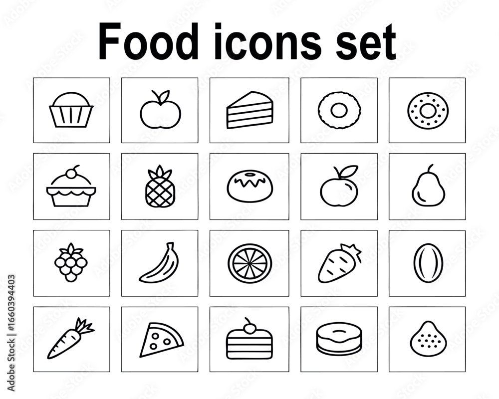 Poster collection of food icons in black and white for web design or mobile app interface featuring fruits 