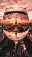 Eiffel Tower beautifully inverted in a drink glass. Sunset paints the Paris sky with vibrant, dramatic hues.