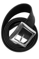 Black folded vintage leather belt silvery chrome solid brass metallic square center bar buckle...