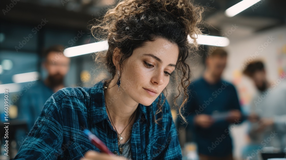 Poster medium shot of creative designer sketching concepts with precise focus coworkers indistinct behind e