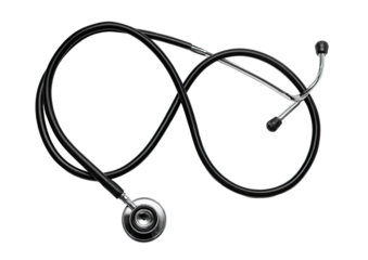 A medical stethoscope, black tubing,  and metallic ear tips, arranged in an infinity symbol
