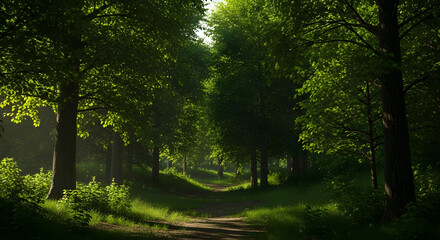 Obraz premium Sunlit forest path with lush green trees and dappled sunlight creating a peaceful atmosphere