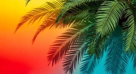 Fototapeta premium Palm tree leaves casting shadows on a vibrant yellow, orange, and blue gradient wall