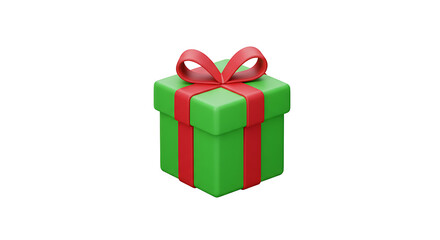 A stylized 3D green gift box with a smooth matte finish wrapped in a vibrant red ribbon and bow.