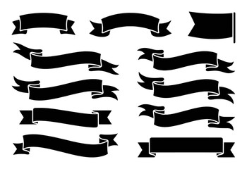 Collection of Black Ribbon Banners and Flags on White Background