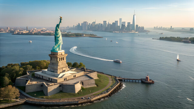 Aerial View of the Statue of Liberty and New York City Skyline