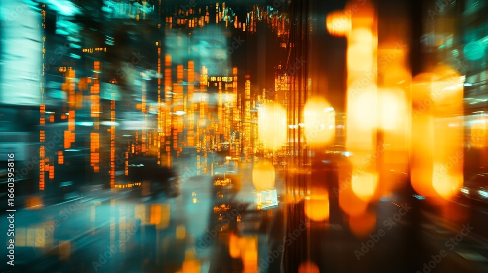 Poster dynamic double exposure of abstract glowing forex data in urban environment with modern financial in