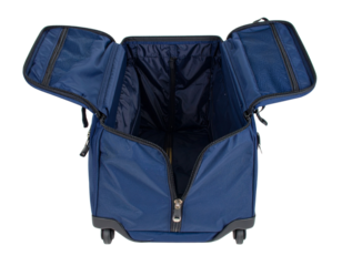  “Compact Rolling Navy Blue Travel Duffle with Expandable Storage, isolated on transparent background”.