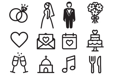 wedding related line art icons featuring rings, bride, groom, bouquet, calendar, heart, cake, church, music, and food