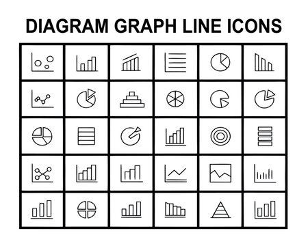 Collection of diagram graph line icons representing data analysis and business intelligence visual tools for presentations and dashboards