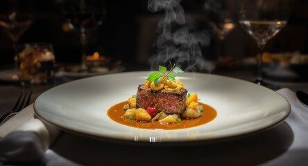 Steaming gourmet steak dish, fancy plating, soft focus background