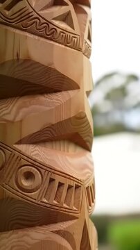 Carved Totem Pole Detail with Outdoors.