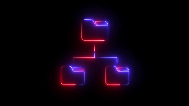 Neon File Sharing Network Icon glowing animation on black background. Networked folder system. Neon File Sharing Network Icon, Modern Data Sharing Technology, Networked Folder System.