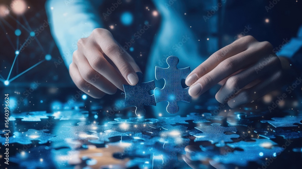 Poster hands assembling a jigsaw puzzle, representing a complex solution.
