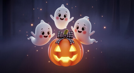 Cute cartoon ghosts flying around glowing pumpkin for Halloween celebration. Halloween-themed scene features smiling spirits hovering playfully near carved pumpkin with whimsical expression.