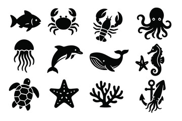 Obraz premium Collection of marine animal silhouettes including fish, crab, lobster, and octopus
