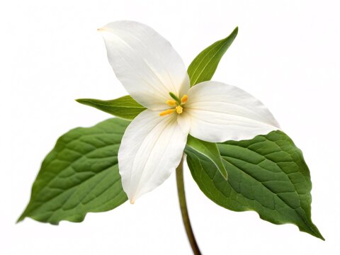 White Trillium Flower with Green Leaves Isolated on White