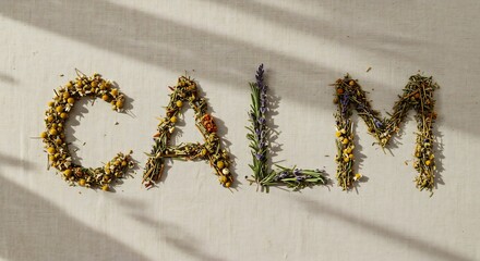 The word CALM is spelled with various dried herbs on a neutral fabric backdrop