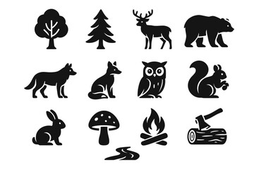 Naklejka premium Silhouette icons of forest animals and nature elements
