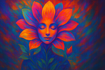 Psychedelic floral face illustration. Abstract surreal art portrait. Colorful fantasy creativity concept. Dreamlike symbolism and imaginative digital artwork.