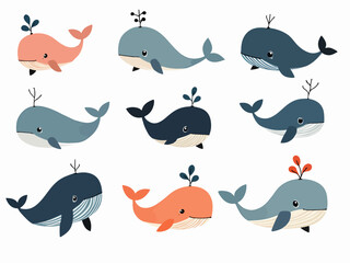set of funny cartoon Whale