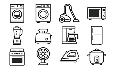 Collection of home appliances icons: washer, vacuum, microwave, blender, toaster, refrigerator