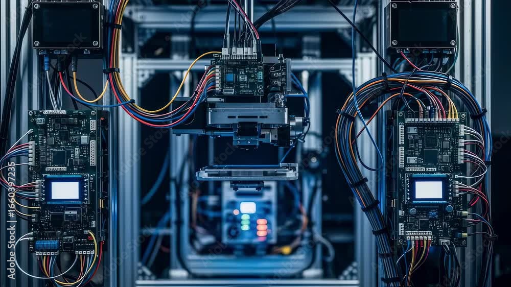Poster interior shot of a zerogravity 3d printer setup within a flight qualification rig focusing on wiring