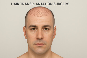 Hair transplantation surgery result illustration. Male scalp with hair restoration procedure. Medical cosmetic treatment concept. Dermatology and aesthetic healthcare solution.