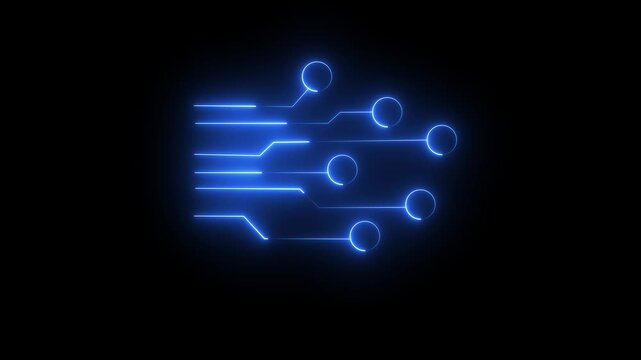 Neon circuit tree icon on black background. 4k motion video. Microchip with electronic circuit board glowing animation. Futuristic glowing .Digital circuit board components. Modern technical design.