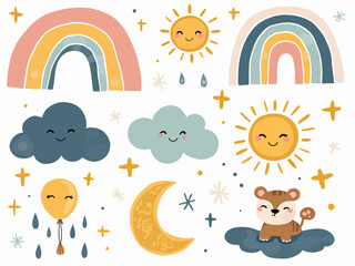 A cartoon vector illustration of the sun with clouds and stars representing weather and nature on a sunny day or night sky icon symbol