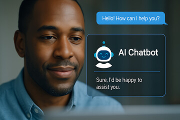 AI chatbot customer support conversation interface digital assistant concept, man interacting with virtual help desk screen, artificial intelligence messaging system, automated service communication,