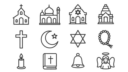 Outline icons of religious symbols and buildings: church, mosque, synagogue, temple