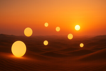 Abstract glowing light spheres over desert dunes. Futuristic surreal landscape. Dreamlike environment concept. Creative digital art background with warm sunset tones.