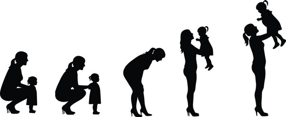 Mother and child silhouette interaction, family bonding vector, cad drawing flat illustration, parenthood love concept, isolated black figures art