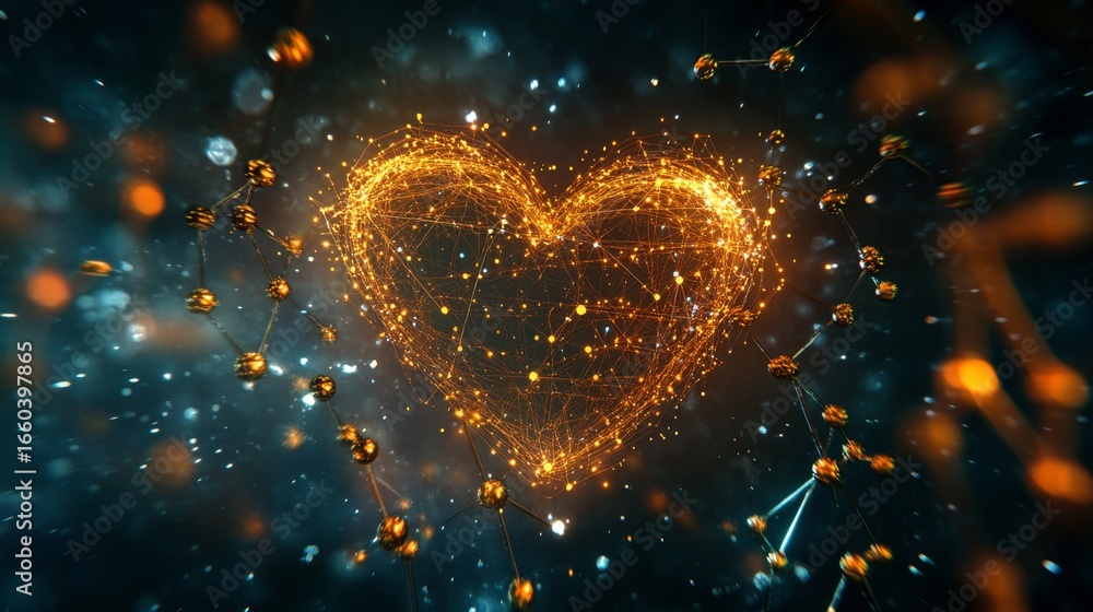 Poster creating a vibrant glowing heart shape in futuristic abstract design digital space 3d graphics cosmi