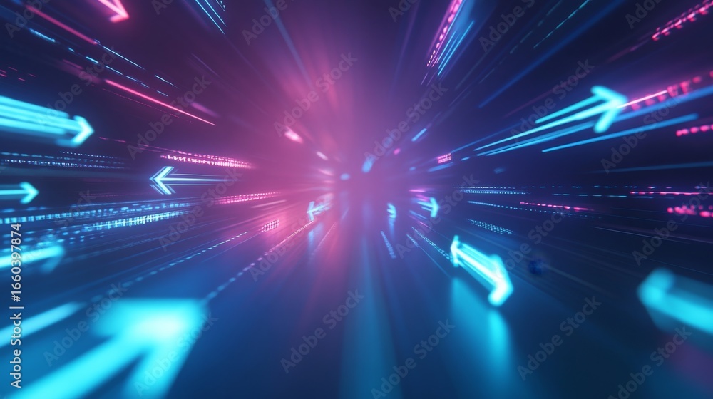 Poster futuristic digital arrows cutting through a neon environment abstract technology background dynamic 