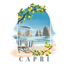 Bright colorful illustration of the resort of the island of Capri. Sea, beach, lemons, sun