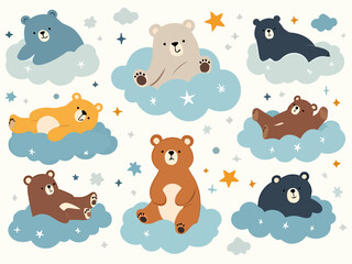 Obraz premium Cute Bear Friends On Clouds Pattern Illustration For Kids, Playful, Dreamy And Cozy