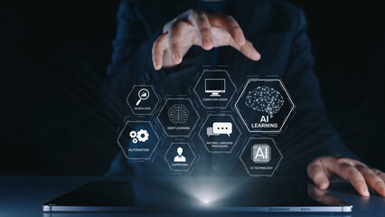 AI learning system involves deep learning, supervised machine learning, and natural language processing. AI learning diagram shows how AI advances learn in automation and data processing. Elide