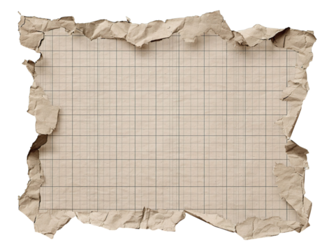 Aged and torn sheet of lined paper with a rough, textured surface, isolated on a transparent background.