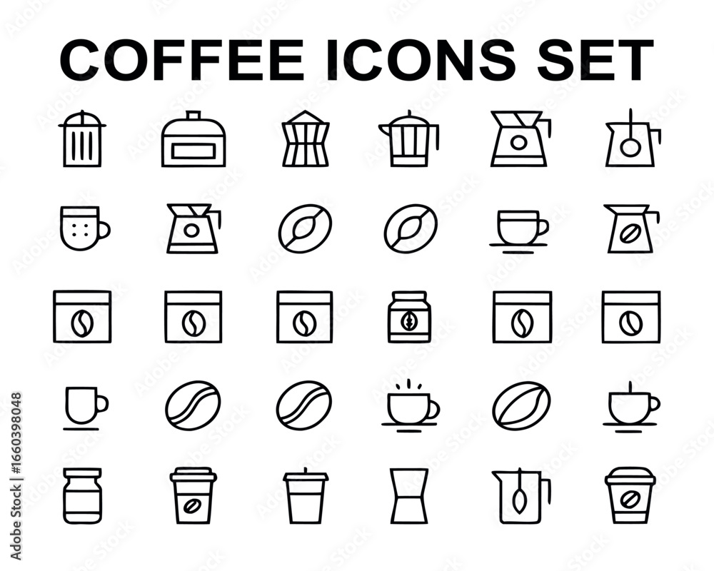 Poster comprehensive set of coffee icons representing various stages of coffee preparation and consumption 