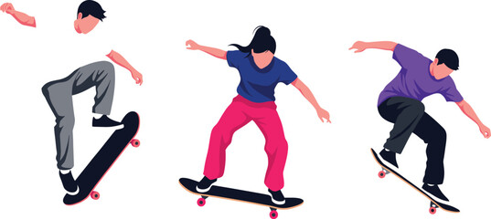 skateboarder silhouettes, performing tricks, extreme sports action, vector illustration, skateboarding poses, urban street sport, stunt moves, balance skills, dynamic motion