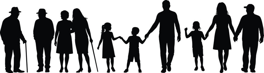 Multi-generational family silhouette holding hands, elderly to children together, unity and support, diverse ages, black vector illustration