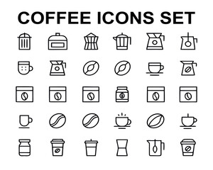 Comprehensive Set of Coffee Icons Representing Various Stages of Coffee Preparation and Consumption Black Line Art on White Background
