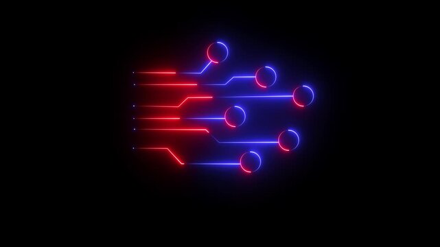 Neon circuit tree icon on black background. 4k motion video. Microchip with electronic circuit board glowing animation. Futuristic glowing .Digital circuit board components. Modern technical design.