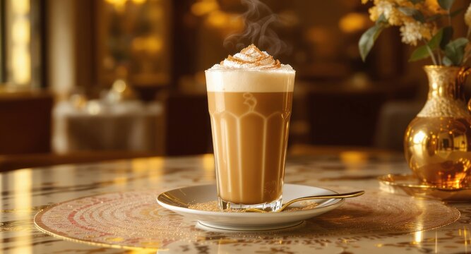 Steaming latte topped with whipped cream and spices on a golden table